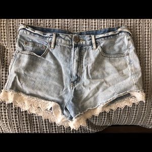 Free People White Lace Trim Denim Shorts